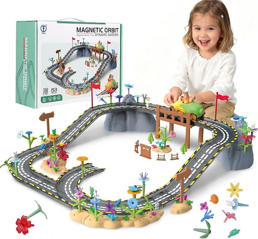 Magnetic Tiles Car Track Set,Flower Garden Building Toys for Toddlers Girls 3-5,Magna Tiles Race Car Tracks DIY Road Games Playset with Bridge for Kids Ages 4-8 Year Old Boy Gift, 153PCS