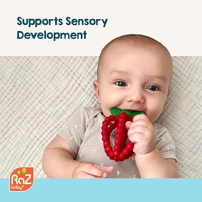 RaZbaby Silicone Infant & Baby Teething Toy, Textured BerryBumps Soothe Babies Sore Gums, RaZberry Bites Relief Teether, Back & Front Teeth, BPA Free, Fruit Shape for Babies 3M+ (Red & Pink)
