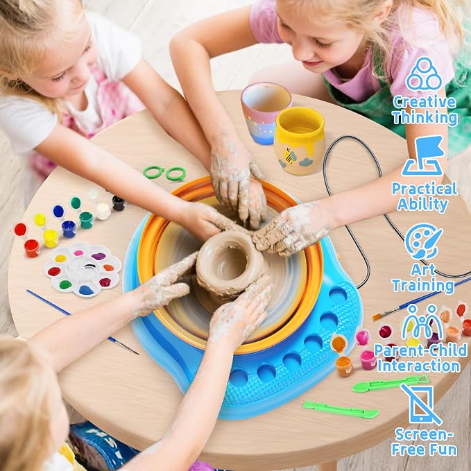 Vinkp Pottery Wheel for Kids - Complete Pottery Painting Kit Arts and Crafts for Kids Ages 8-12 with Air Dry Clay Art Supplies for Girls Boys Toys Birthday Gifts for 6 7 8 9 10 11 12 - Blue