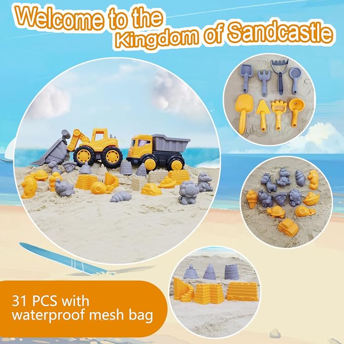 IOKUKI Long Shovel Sand Beach Toys with Big Excavator Toy, Dump Truck Toy, Construction Toys, Sand Castle Toys for Beach, Beach Rakes, Molds, Mesh Beach Bag for Kids, Toddlers, Boys & Girls (31 PCS)