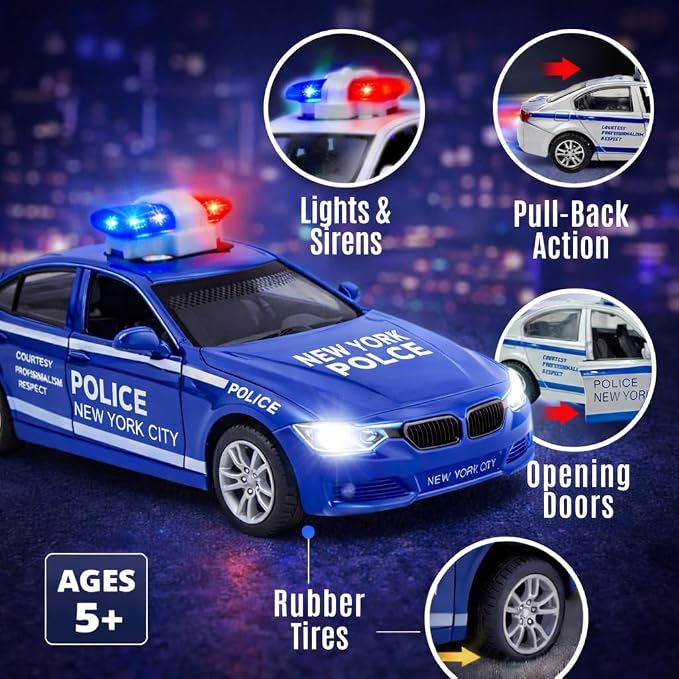 2 Pack Metal Diecast NY Police Cars Pull Back Battery Powered Toy Vehicles with LED Headlights and Siren Sounds 1:32 Scale