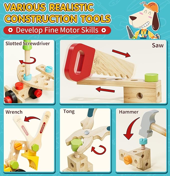 Lehoo Castle Kids Tool Set with Toolbox, Wooden Toys for 3 4 5 Years Old Boy Birthday Gift, Construction Play Tools, STEM Learning Toys for Preschooler, Pretend Play Gifts for Christmas