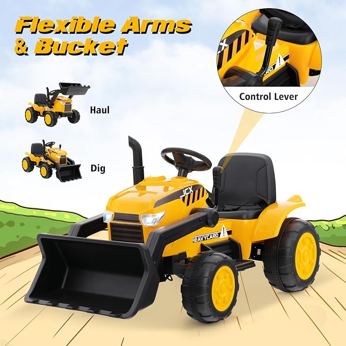 Costzon Ride on Excavator, 12V Kids Excavator Ride on Bulldozer with Remote Control & Adjustable Digger Bucket, LED Headlights, Music, Horn, USB, Electric Construction Ride on Toy for Kids 3-8, Yellow