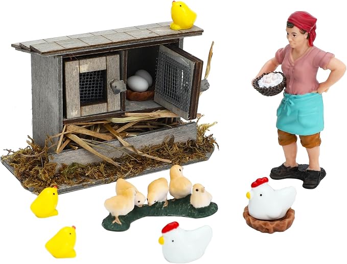 ONEST 16 Pieces Mini Farmer Figurines Hand Painted Chicken Coop Figures Realistic Detailed Hen Chick Chicken Nest Farmer Farm Animal Figurine Model