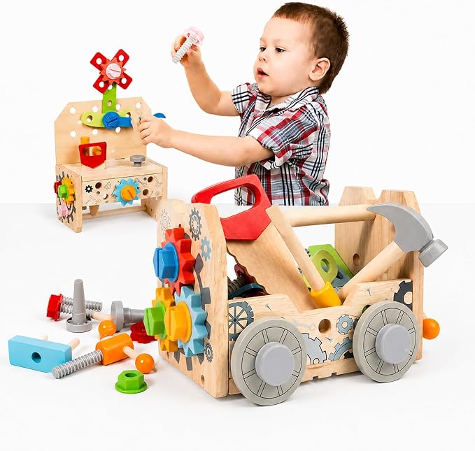 Kids Tool Set Toy, Wooden Building Tools Set with Hammer, Saw, Screwdriver, Gears, Montessori STEM Educational Construction Toy, Pretend Play Repair Tools for 3+ Year Old Boys & Girls, Birthday Gift