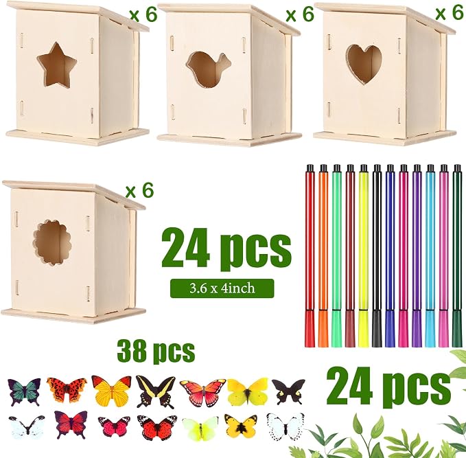 Outus 24 Pcs Wooden DIY Birdhouse Kits for Kids to Build, 4 Shapes Birdhouse Kit Wooden Unfinished with Butterfly Sticker for Boy Girl Arts Crafts(Classic)
