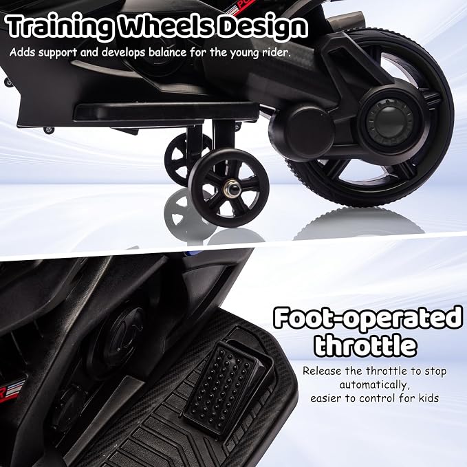 Kids 6V Ride On Motorcycle, Battery Powered Ride On Toys w/Treaded Tires, Working Headlight, Horn, Music, Training Wheels, Stable Electric Toddler Motorcycle for Kids, Gift for Boys Girls, Black