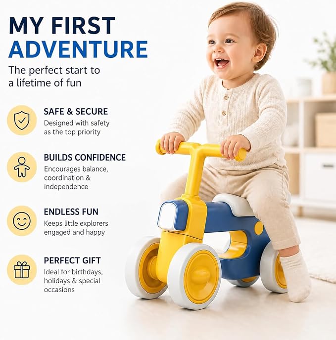 Henry & Colin First Balance Bike for 1 Year Old, 4 Wheel Toddler Bike with Fun Lights & Music, Soft Seat, No-Pedal Ride On Toy, 1st Birthday Gift for Boys & Girls Ages (12–36 Months)
