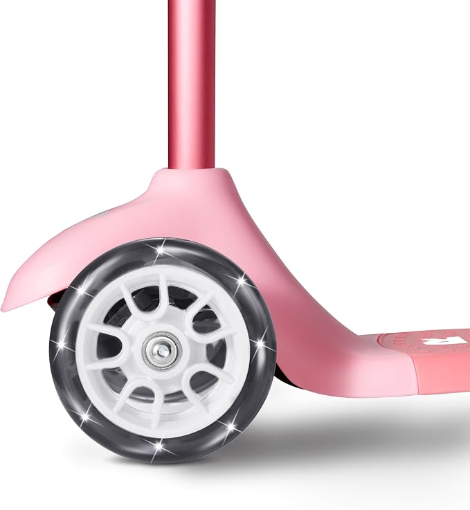 Radio Flyer Glider Jr. Scooter with Light Up Wheels, Pink, for Kids 2-5 Years Old, Lean-to-Steer, Adjustable Handlebar, Rear Foot Brake, Smooth Bearings, Comfort Grips, 3 Wheel Scooter for Kids
