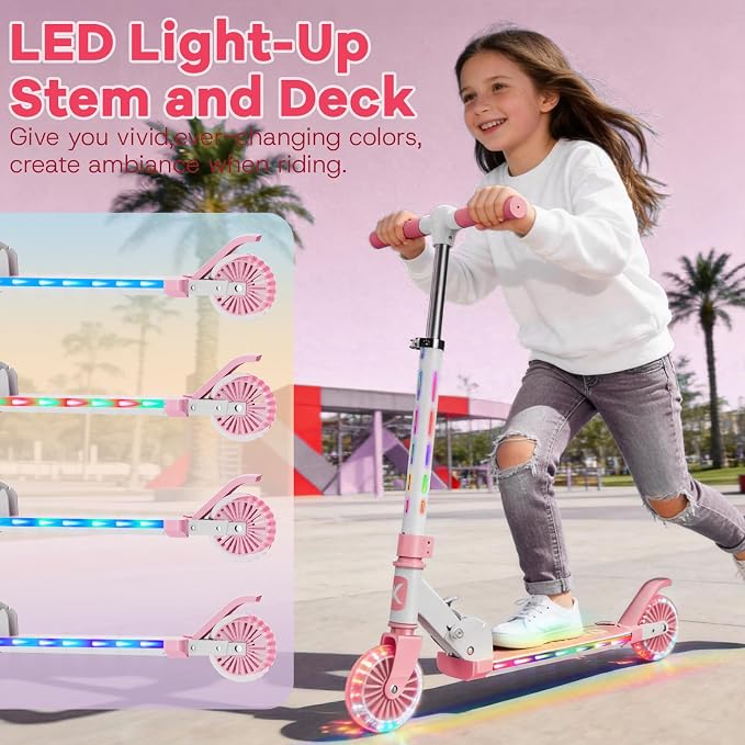 2 Wheel Scooter for Kids 3-12, Light Up Wheels & LED Stem Kick Scooter, Height Adjustable & Foldable Design, Lightweight Sport Scooter for Girls Boys with Kickstand