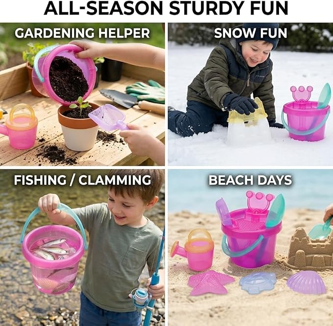 LotFancy 10PCS Sand Toys for Toddlers 1-3 3-5, Pink Beach Toys Set for Girls 18M+, Translucent Sand Castle Molds, Bucket, Sifter, Shovels & Watering Can, Durable Sandbox Toys for Kids
