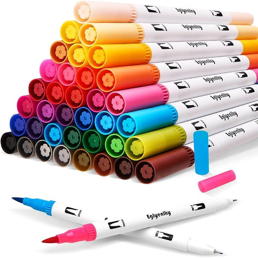 Eglyenlky Colored Markers for Adult Coloring Book, Felt Tip Marker, Dual Tip Brush Pens with Brush and Fine Tip for Adult Teen Kid Drawing (36 Colors Set)
