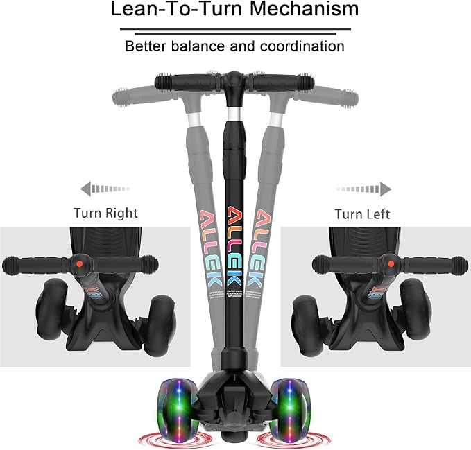 Allek Kick Scooter B03, Lean 'N Glide 3-Wheeled Push Scooter with Extra Wide PU Light-Up Wheels, Any Height Adjustable Handlebar and Strong Thick Deck for Children from 3-12yrs (Black)