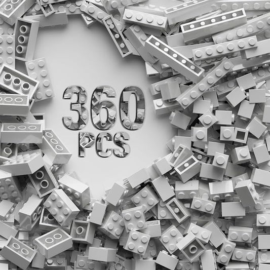 360 Piece White Classic Building Blocks Bulk, 7 Sizes Building Bricks Assortment Pack, Compatible with Lego Parts and Pieces (Light Gray)