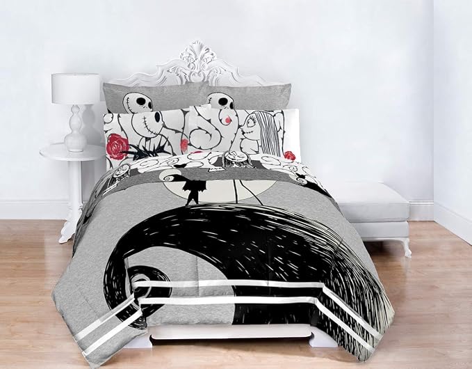 Jay Franco Disney Nightmare Before Christmas Moonlight 7 Piece Full Bed Set - Includes Reversible Comforter & Sheet Set - Features Jack Skellington and Sally - Super Soft Microfiber