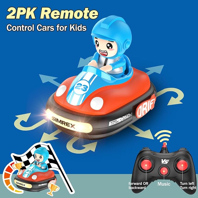 SIMREX 2-Player RC Bumper Cars Set for Kids 3+— Remote Control Battle Cars with LED Lights, Music & Sound, Indoor Play & Party Gift Toys for Boys & Girls