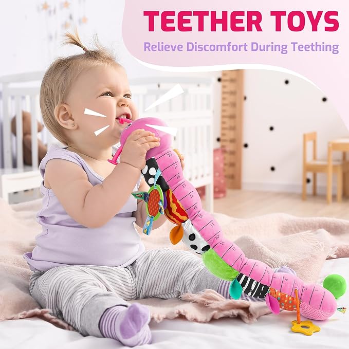 Sumobaby Baby Toys 0-6 6-12 Months,Music Caterpillar Plush Toy with Baby Mirror, Pull String&Crinkle Rattle,Infant Sensory Toys,Tummy Time for 0-3-6-12 Month Boys Girls Newborn Gifts (Pink-Leaf)