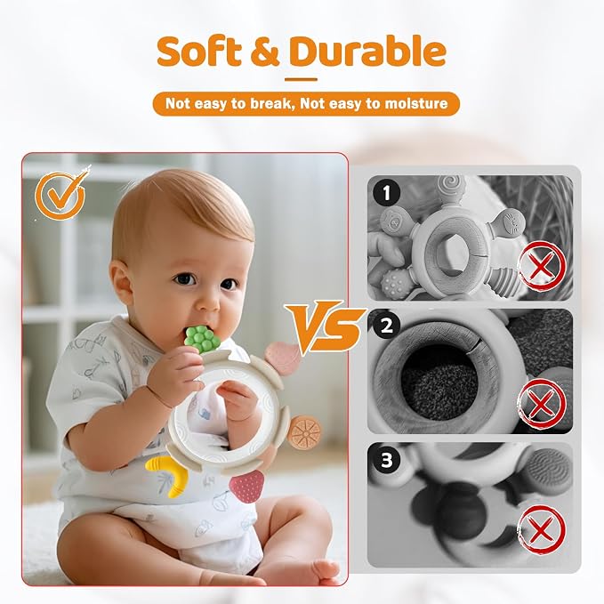 Baby Teething Toys for Babies 3-6 Months, Teething Rings for Sore Gum Relief, Silicone Baby Teether Toys 6-12 Months, Sensory Chew Toy Infant Teether Baby Essentials Gift for Girls Boys, Brown