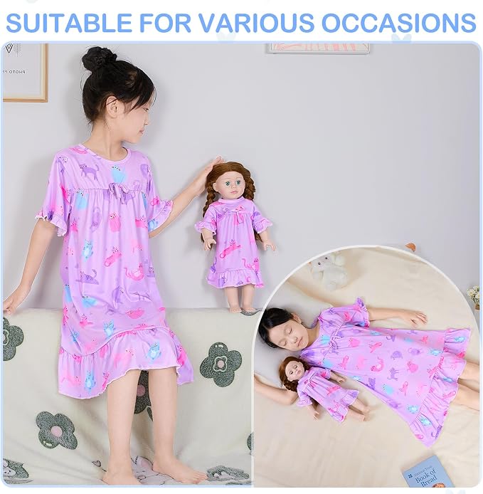 MHJY Matching Girls & Doll Nightgowns Vintage Short Sleeve Sleepwear Pajamas Dress for Girls and 18" Girl Doll