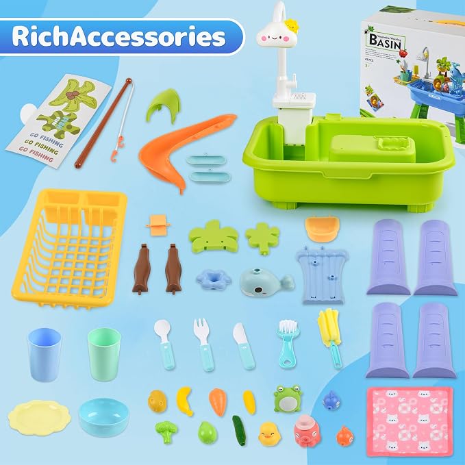 2026 Upgraded Water Table for Toddlers 1-3, Kids Sand Water Table Toy with Electric Water Pump, Kids Sand Water with Faucet/Play Food Accessories/Fishing Toy, Kitchen Play Sink Toy (Green)