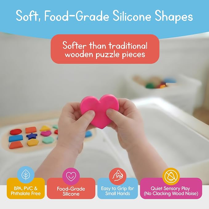 7 Days of Play Shape Puzzle for Kids, Sensory Bin Insert for Sensory Tables, Silicone Geometric Shapes, Wooden Fine Motor Learning Toy