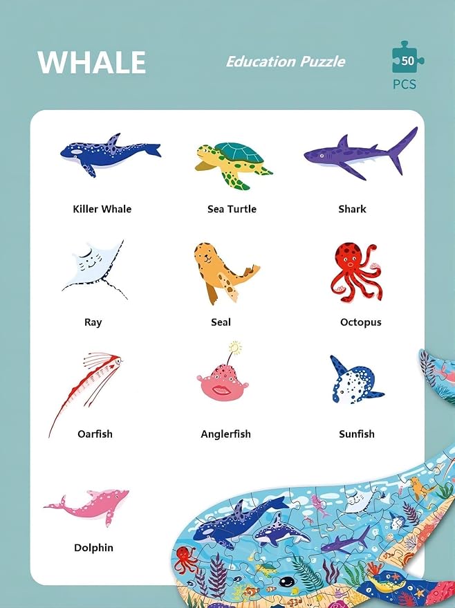 PINU Jigsaw Puzzles for Kids Ages 3-5, 6-8, 8-10, Children Colorful Fun Animal Shaped Puzzle Learning Educational Toys Gifts Games for Boys and Girls (Whale-50 PCS)