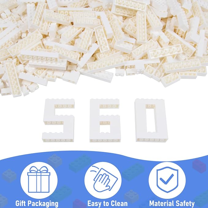Cabeeskii 560 Pieces White Classic Building Blocks Bulk with 2 Base Plates, Building Bricks in 7 Size, Compatible with All Major Bricks, for Kids & MOC Lovers