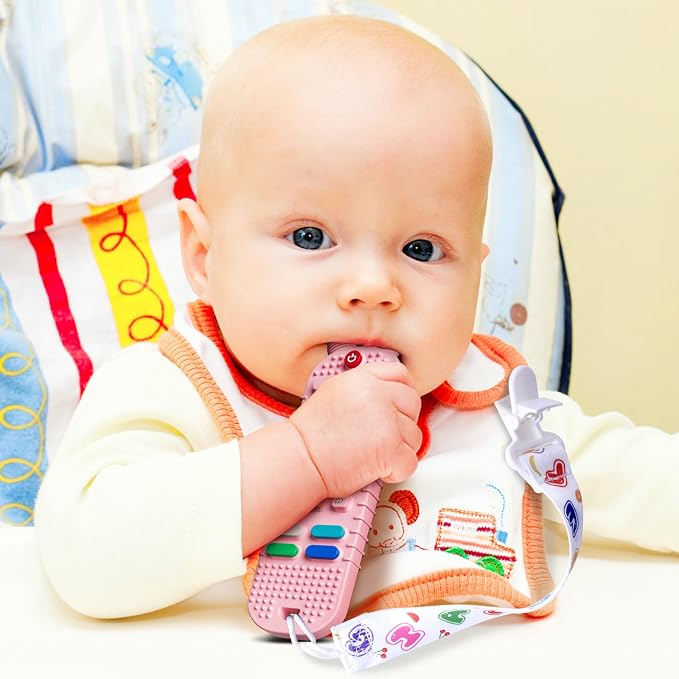 Kaodezhu TV Remote Control Shape Baby Teething Toys and Phone Shape Teether Toys for Babies 6-12 Months, Soft Flexible Silicone Chew Toys for Baby - Black Pink
