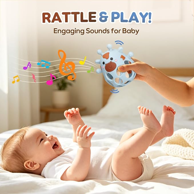 Baby Teething Toys 3-6 6-12 Months, Teether Toy with Rattle 0-6 Months, Newborn Silicone Teether Chew Toys for Infants 3 6 9 12 18 Months, Easy-Grip Hole, Baby Shower Gifts for Boys Girls