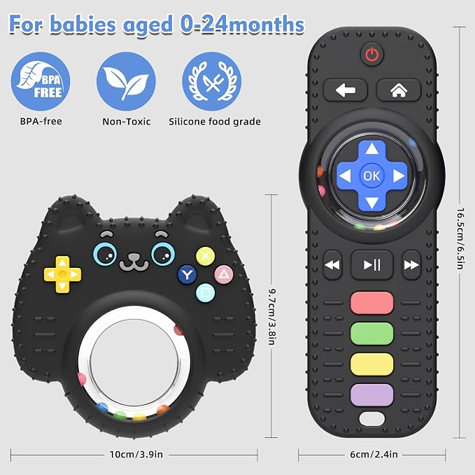 Chuya Baby Toys Baby Remote Control Teething Toys,2 Pack Silicone Teether Rattles for 0 6 12 24 Months Infants, Sensory Development Teething Relief,Black