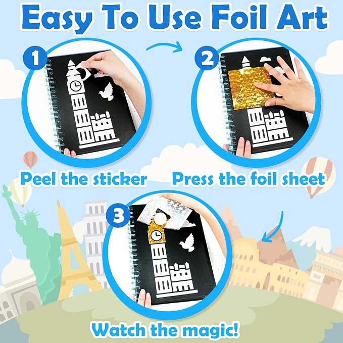 FUNNYB&G Foil Art Craft Kit for Kids 4-10 Years Old: Mess-Free & No-Glue, Create 16 Sparkly Famous Building Pictures – Perfect Travel Toy & Birthday Gift for Kids (Buildings)