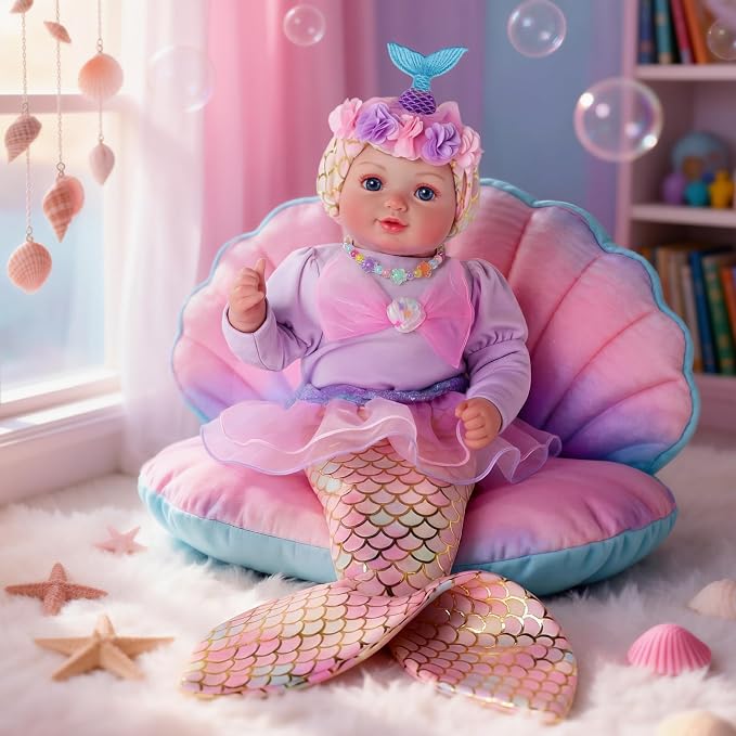 BABESIDE Mermaid Baby Doll Girl, 15-Inch Realistic Soft Baby Dolls with Shiny Mermaid Tail & Accessories, Cute Mermaid Toys for Girls Ages 3+ Kids, Christmas, Birthday