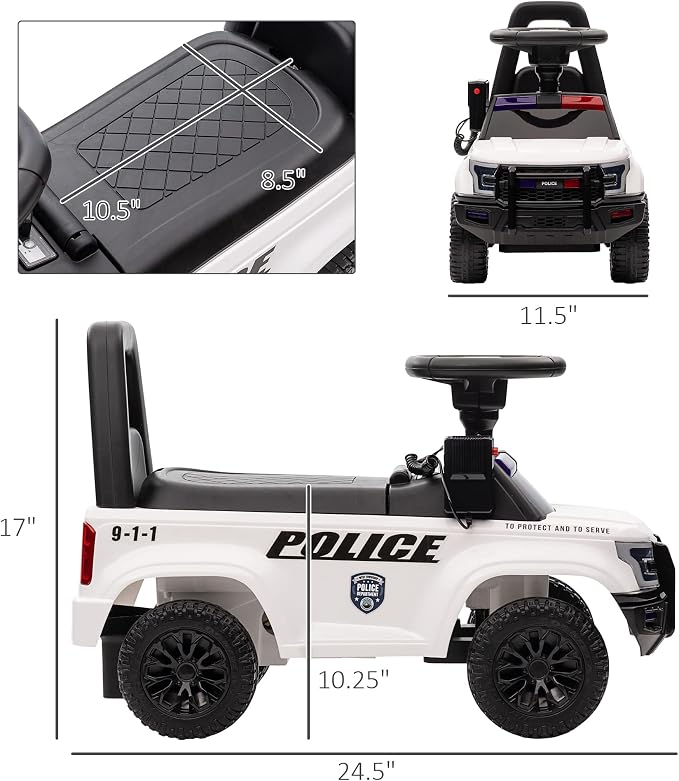 Aosom Kids Push Ride On Car with Working PA System and Horn, Police Truck Style Foot-to-Floor Sliding Car for Boys and Girls with Under-Seat Storage, for 18 Months to 5 Years Old, White