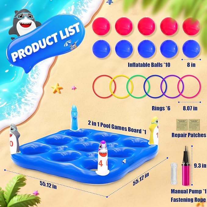 Shark Pool Toys Games Set, 2-in-1 Giant Inflatable Tic Tac Toe Float Game & Ring Toss Game with 10 Balls & 6 Rings, Outdoor Summer Fun Beach Yard Swimming Pool Games for Adults Teens Kids 6+