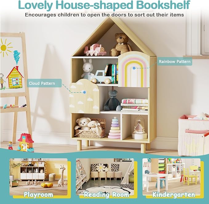 Costzon Kids Dollhouse Bookshelf w/ 2 Doors, Wooden Toy Storage Organizer w/Anti-toppling Devices & Solid Wood Legs, House-Shaped Toddler Bookshelf for Kids Room, Playroom, Nursery, Bedroom, Natural
