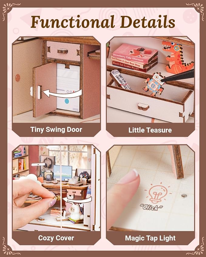 DIY Miniature House Kit-Study Room, 3D Wooden Puzzles with LED Light Tiny House Mini House Building Kit for Adults, Wooden Adults Crafts Birthday for Parents Friends