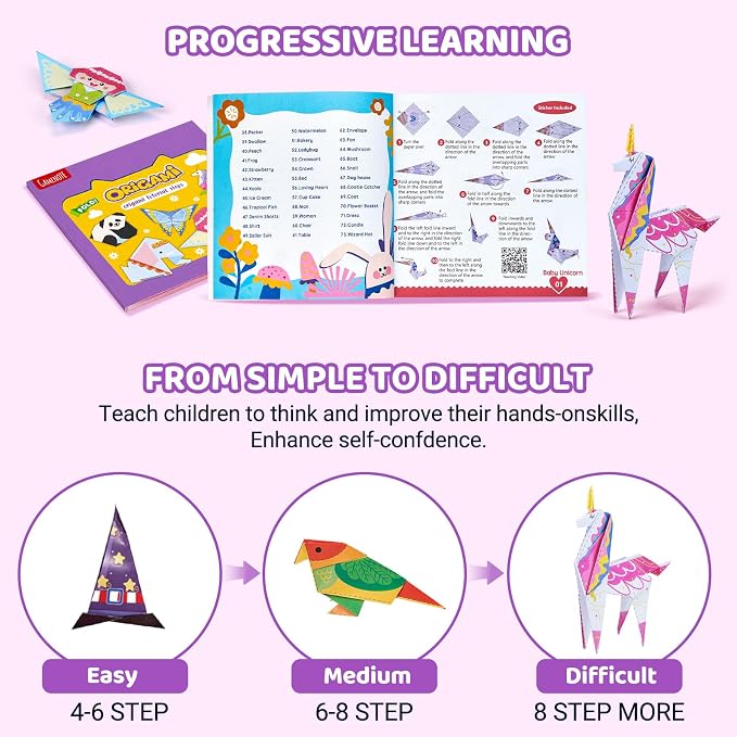 Gamenote Colorful Origami Kit for Kids 72 Projects 180 Double Sided Origami Paper 12 Sheets Practice Papers Instructional Origami Book Origami Gift for 4+ Girls Adult Beginners Training Craft, Unicorn