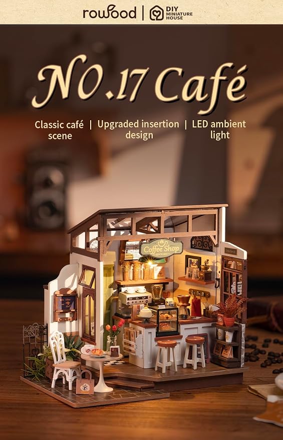 Rowood Coffee Miniature House Kit, Mother's Day DIY Miniature Dollhouse Kits for Adults to Build, Wooden Mini House Model Kits Adults Crafts with LED, Gift on Christmas Birthday for Family-NO.17 Cafe