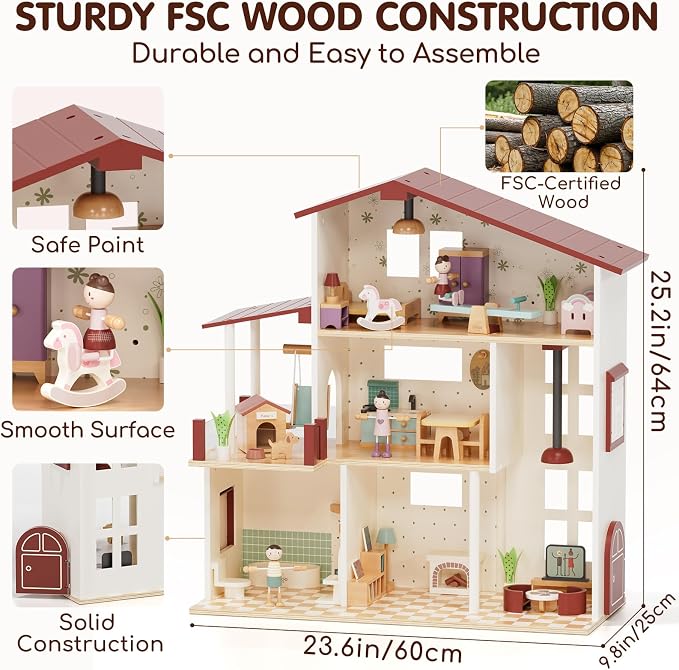 Lehoo Castle Wooden Dollhouse for Girls, Realistic Doll House with 5 Rooms & 38 Accessories, DIY Pretend Play Dream Dollhouse with Doll and Furniture, Ideal Creative Gift for Ages 3+