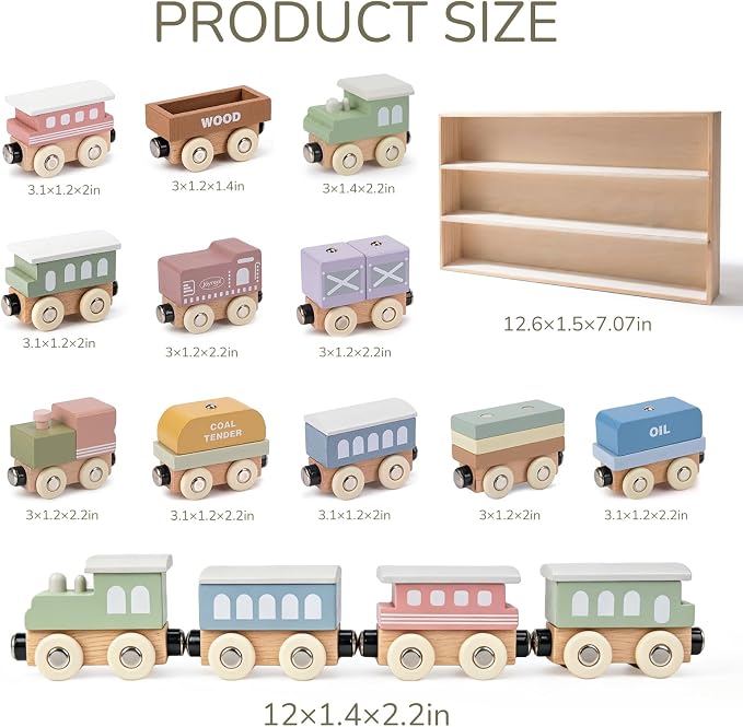 Wooden Train Set for Toddlers, 12PCS Montessori Magnetic Train Cars with Storage Gift Box, Compatible with Major Brands, Wooden Baby Stacking Blocks Toy, Birthday Gift for Boys Girls Ages 1-3 3-5+