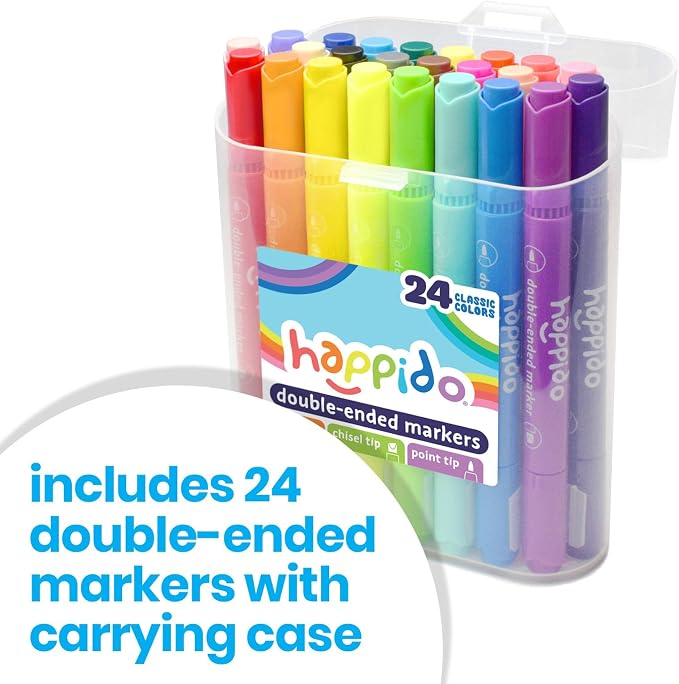 International Arrivals Double Sided Marker Sets for Kids Happido, Set of 24 Water Based Non Toxic Markers with Case, Great School Supplies, Art and Stationery Set
