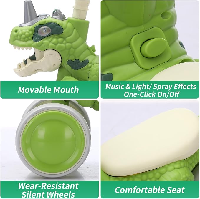 Dinosaur Balance Bike for 1-3 Year Olds, 4-Wheel No-Pedal Bike for Walker, Ride on Toys for Toddlers with Music and Mist Spray, First Birthday Gift for Boys & Girls (Green)