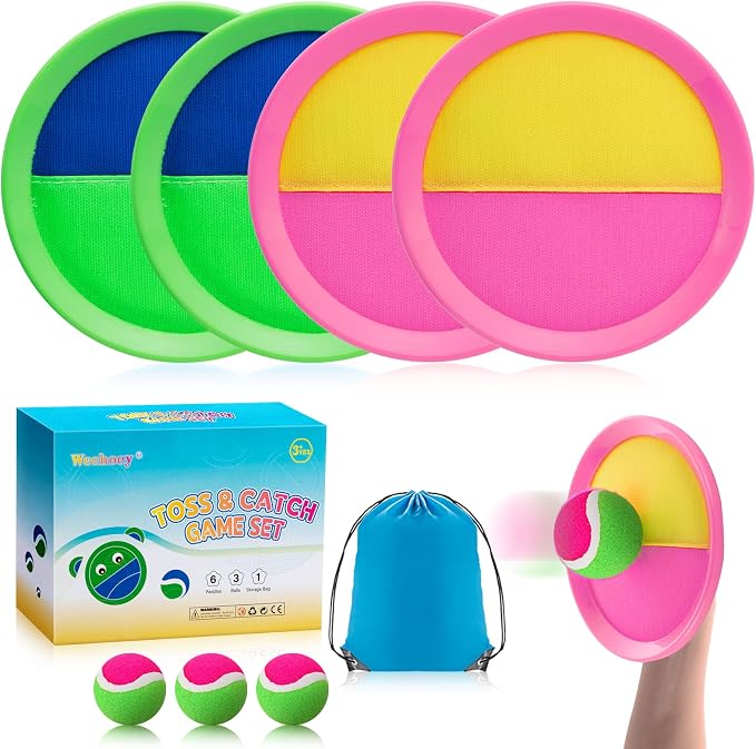 Weehoey Beach Toys - Outdoor Games for Kids, Toss and Catch Ball Set with 4 Paddles 3 Balls, Toys for 3 4 5 6 7 8+ Year Old Boys Girls Christmas Birthday Gifts (Pink and Green)