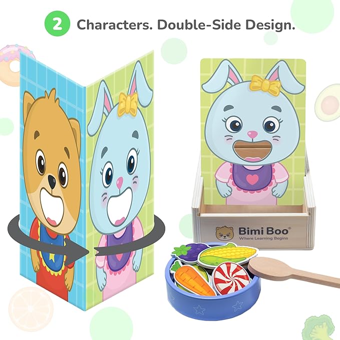 Bimi Boo Wooden Feeding Toy - Montessori Scooping & Fine Motor Toy for Toddlers 1-4 | Speech Therapy & Occupational Therapy Pretend Play Food Set | 27 Foods, Spoon & Bowl