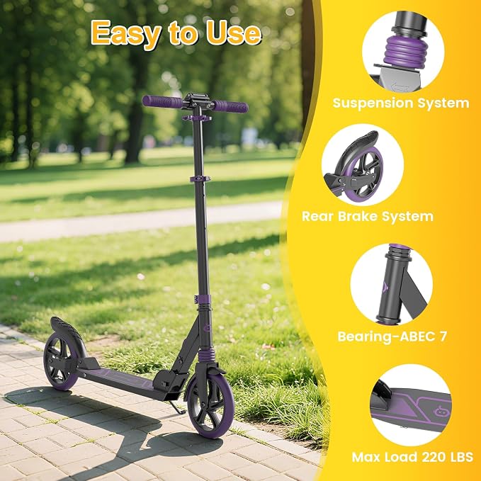 SIMATE Kick Scooter for Kids Teens & Adults, 4 Adjustable Heights, 8IN All Terrain Big Wheels, Foldable and Lightweight, Gifts for Girls Boys