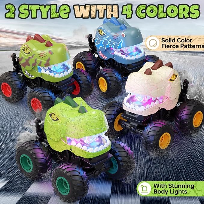Drefirsa Remote Control Car for Boys 4-7 8-12, Dinosaur Monster Truck Toys with 50min+ Runtime, Spray, LED Light, 360° Rotating & 90° Driving, RC Stunt Car for Kids Birthday