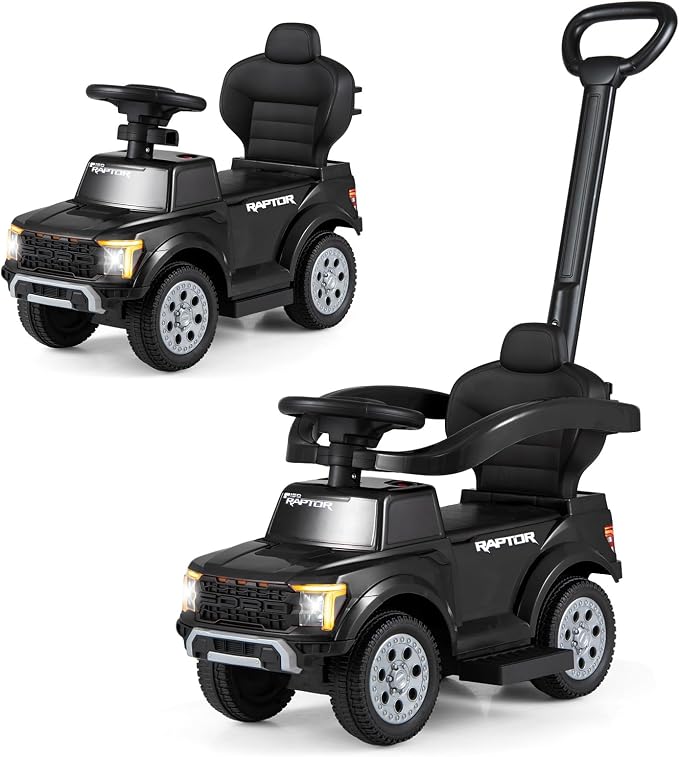 Costzon Ride On Push Car for Toddlers, 3-in-1 Ford Licensed Sliding Car w/Handle, Guardrail, Horn, Engine Sound, LED Lights, Under Seat Storage, Foot-to-Floor Kids Ride On Toys for Boys Girls (Black)