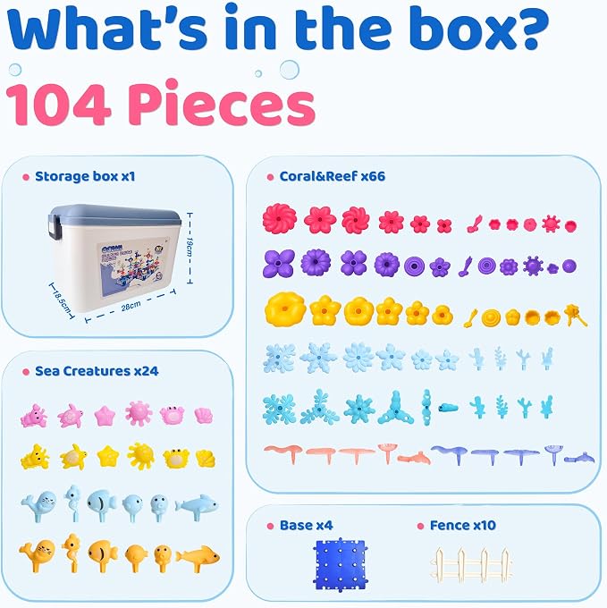 Toy Building Blocks for Kids: 104-Piece STEM Sea Creature Stacking Set