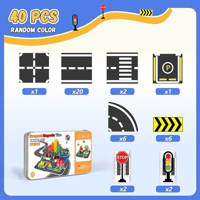 Mini Magnetic Tiles Road Track Set 56pcs – Portable STEM Travel Toy with Sturdy Metal Tin, Compatible with Major Magnetic Brands, for Kids 3 4 5+ Year Old Boys Girls