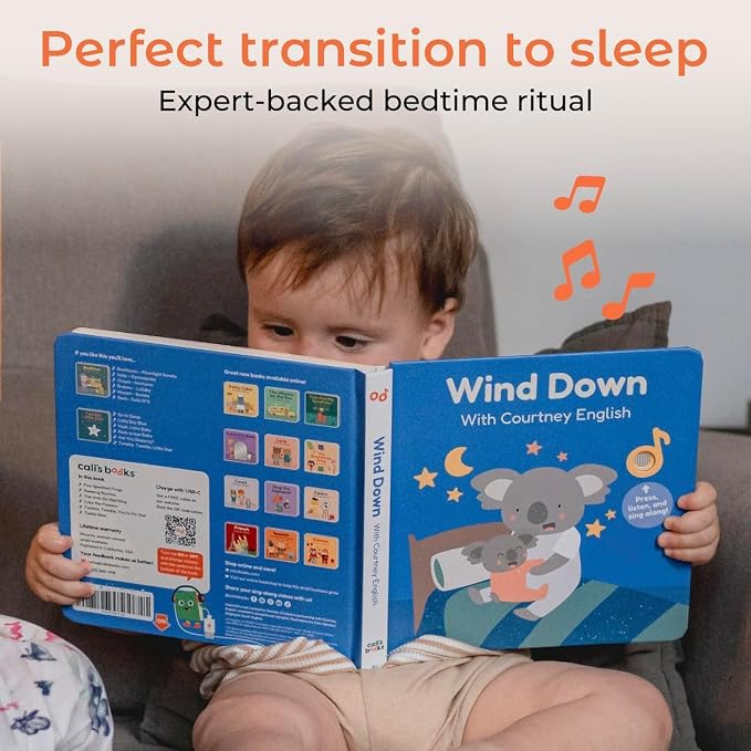 Cali’s Books Wind Down – USB-C Rechargeable Baby Book for Toddlers 1-3, Headphone Jack, Expert-Designed Bedtime Musical Book with Gentle Activities and Affirmations for a Calming Nightly Routine
